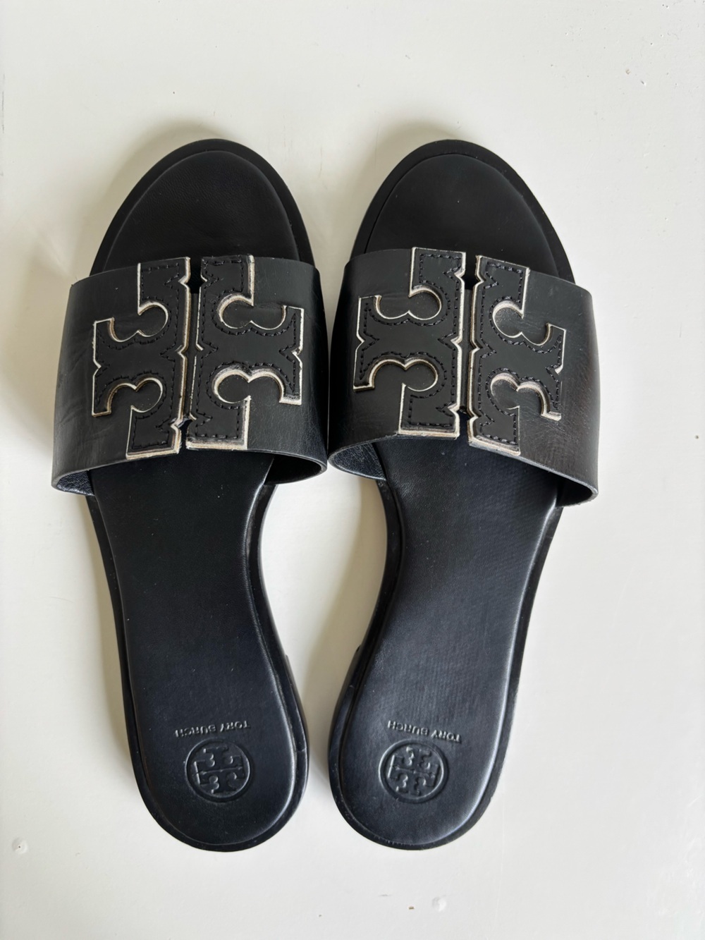 Tory Burch Ines Black Leather Silver Double T Logo Slide 9 - Dustbag & Box